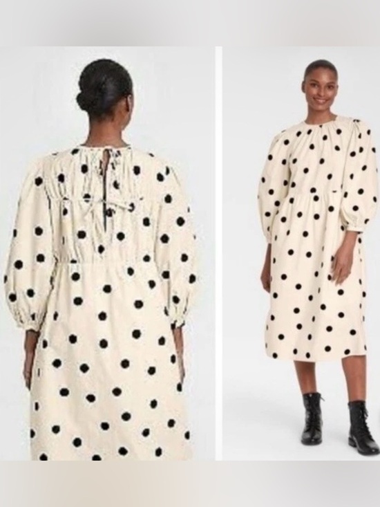 Who What Wear Dresses & Skirts - Who What Wear Ballon Sleeve Cotton Midi Dress XL Cream Blk Poka Dots Chic Grunge